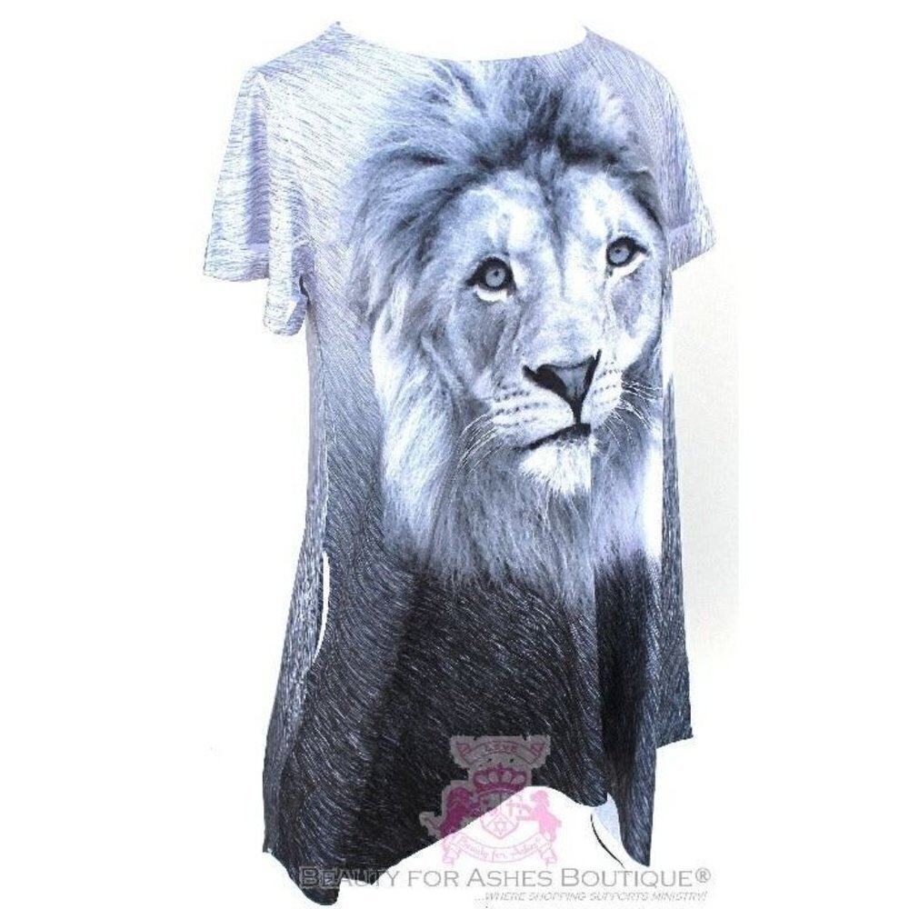 L Black White Lion of Judah Flowy Sharktooth Bottom Womens Top w/ Side Pockets